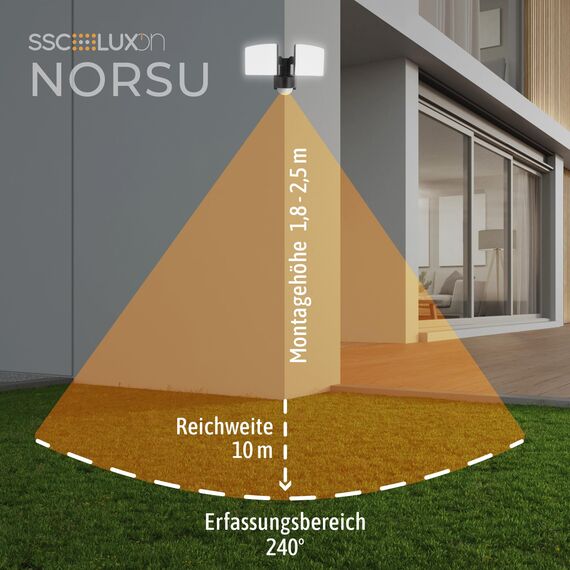 SSC-LUXon NORSU Außenlampe mit Bewegungsmelder & Lichtsensor 40W - LED Wand Außenleuchte 2 flammig schwenkbar IP65 4000K 230V