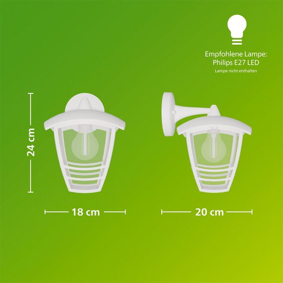 Philips Creek Wandleuchten für den Außenbereich, E27-Fassung, wasserfest, weiß, IP44, wetterfest, 24 cm
