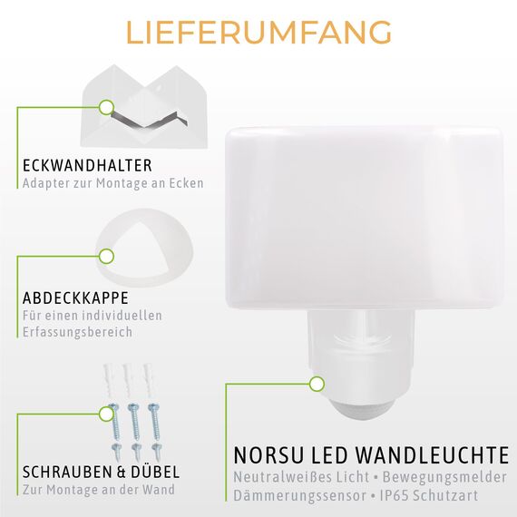 SSC-LUXon NORSU Außenlampe weiß mit Bewegungsmelder Wandstrahler Außen - LED Fluter mit Dämmerungsschalter IP65 wetterfest 4000K 230V