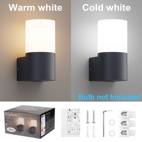 Klighten 2 Stück Außenwandleuchten E27 Fassung Aussenleuchte, Wandleuchten Außen/Innen, IP65 Außenleuchte, Aluminium Außenlampe, Wandlampe für Eingang Terrass, Max 40W, ohne Leuchtmittel, Anthrazit