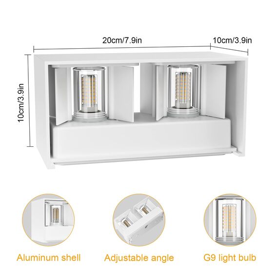 Klighten 2PCS 18W Wandleuchte mit Austauschbarer G9 LED Lampe Warmweiß 3000K, LED Wandleuchte Innen/Aussen Einstellbar Abstrahlwinkel Außenleuchte für Wohnzimmer Garten, IP54, Weiß