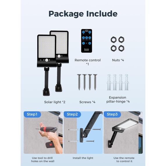 COLBOR Solarlampen für Außen mit Bewegungsmelder, 56 LED Solarleuchte mit Fernbedienung 3 Modi IP65 Wasserdicht 2200mAh Solar Strahler 2 PCS Schwarz, Solarlampe-Außen-Bewegungsmelder-LED-Sstrahler