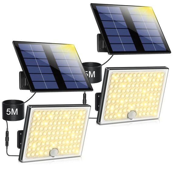 Solarlampen für Außen, Solarleuchte mit Bewegungsmelder,3000K Solar Strahler IP65 Wasserdichte Solar-Split Wandleuchte mit 5m Kabel für Garage, Garten, Hof, Stufen, Haustüren, Rasen-2 Stück Warmweiß