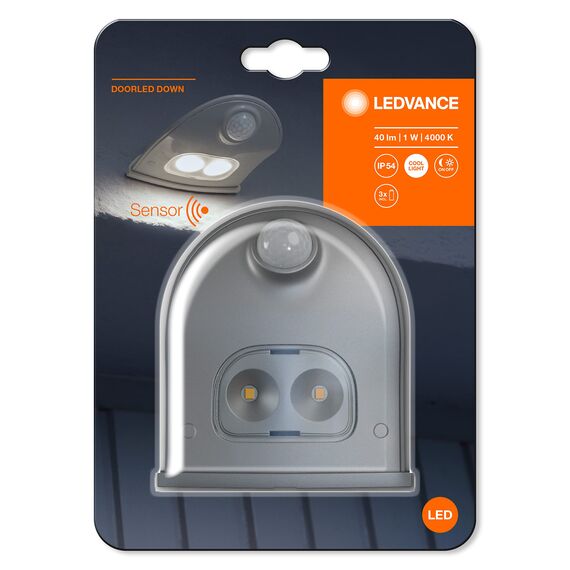 LEDVANCE LED Batteriebetriebene Leuchte, Leuchte für Außenanwendungen, Bewegungssensor, Tag-Nacht-Sensor, Kaltweiß, 102,5 mm x 92,4 mm x 36,5 mm, Door LED Down, 4058075267824