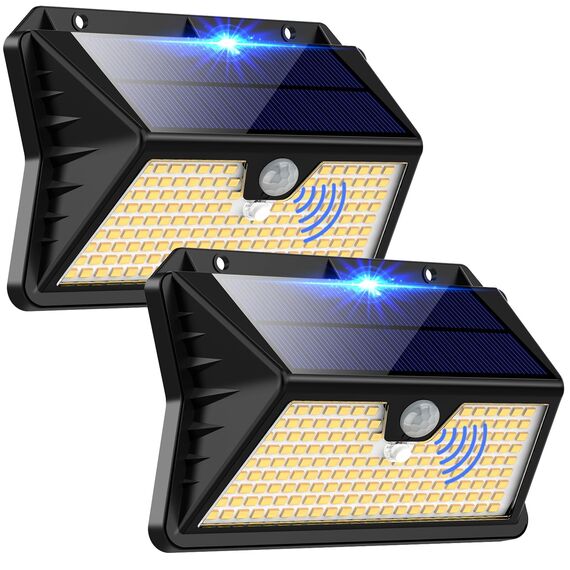 OUILA Solarlampen für Außen, 3 Modi LED Solar mit Bewegungsmelder, 185 LED Solarleuchten Lampe Outdoor IP65 Wasserdichte Wandleuchte für Garten, Hof, Stufen, Deck, Haustüren, Garage(2 Stück Warmweiß