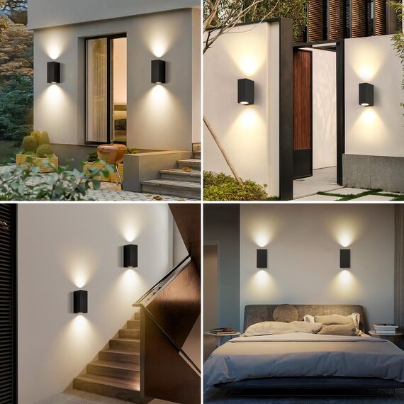 2 Stück Wandleuchte Aussen Innen, IP65 Wasserdichte 10W Warmweiß 3000K Aluminium Eckig Außen Wandlampe Außenlampe mit GU10 Glühbirnen Außenleuchte für Garten Front Badezimmer Veranda Garage, Schwarz