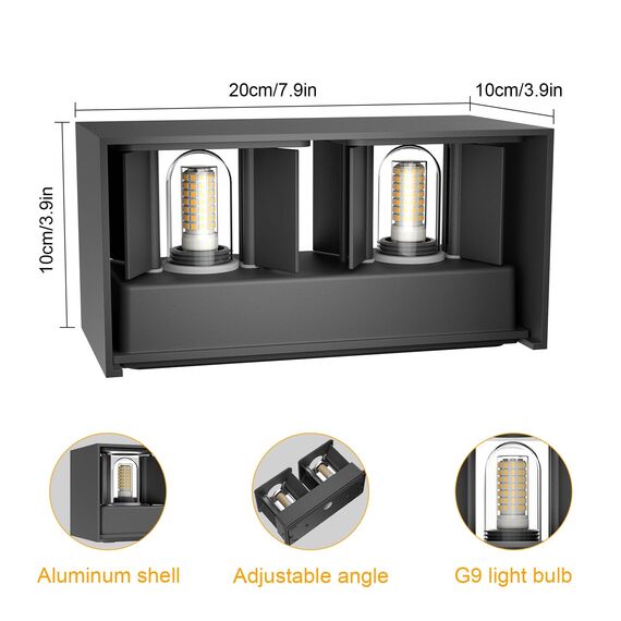 Klighten 2PCS 18W Wandleuchte mit Austauschbarer G9 LED Lampe Warmweiß 3000K, LED Wandleuchte Innen/Aussen Einstellbar Abstrahlwinkel Außenleuchte für Wohnzimmer Garten, IP54, Dunkelgrau