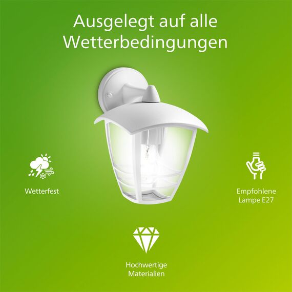 Philips Creek Wandleuchten für den Außenbereich, E27-Fassung, wasserfest, weiß, IP44, wetterfest, 24 cm