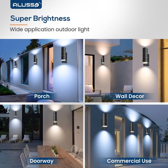 Bewegungssensor Außenwandleuchte, Auf- und Abwärtsleuchte mit PIR-Sensor, Edelstahl IP65 Wasserdichtes schwarzes Außensicherheitslicht, 2x8 W GU10 LED-Leuchtmittel enthalten 3 Farbtemperatur 2 Stück