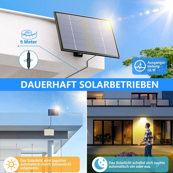 Realky Solarlampen für Außen mit Fernbedienung,Außenlampe mit bewegungsmelder,IP65 Wasserdichte Solarleuchte mit 5m Kabel für Garage, Garten, Hof, Stufen, Haustüren, Rasen- 1 Stück Warmweiß