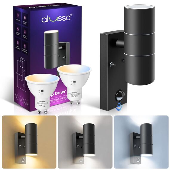 ALUSSO Bewegungssensor Außenwandleuchte, Auf- und Abwärtsleuchte mit PIR-Sensor, Edelstahl IP65 Wasserdichtes schwarzes Außensicherheitslicht, 2 x 8 W GU10 LED-Leuchtmittel enthalten 3 Farbtemperatur