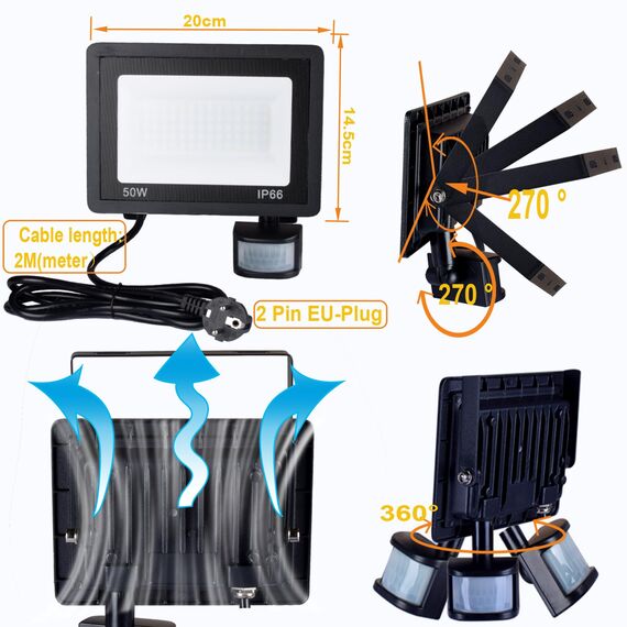 Etrogo LED Strahler mit bewegungsmelder außen 50W Fernbedienung 5000LM 72Leds 6000K Kaltweiß Dimmbar LED IP66 Wasserdicht für Garten Garage Hof Sportplatz [Energieklasse E]