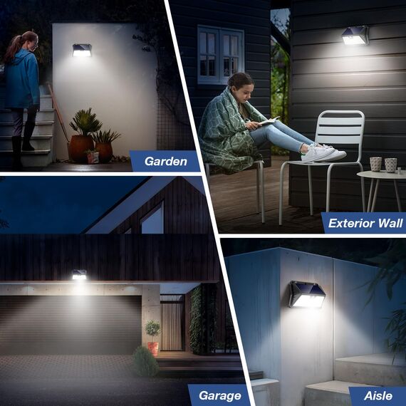 OUILA Solarlampen für Außen Wand, 6 Stück 185 LED 3 Modi Solar Aussenleuchte mit Bewegungsmelder, IP65 Wasserdichte LED Solar Wandleuchte, Garten, Hof, Zaunbeleuchtung, Haustüren(Kaltes Weiß)