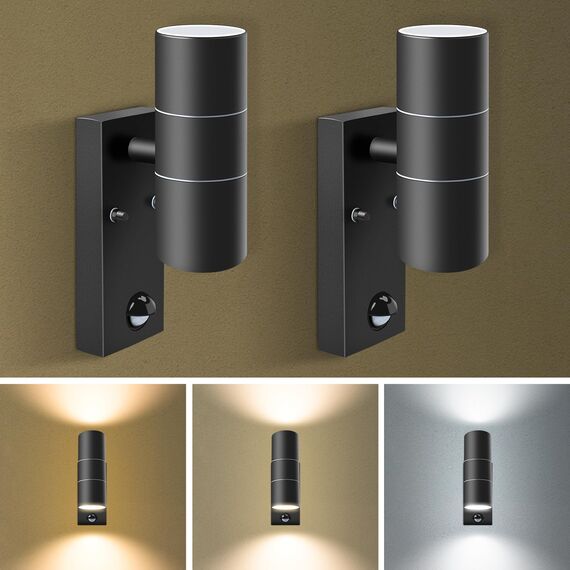 Bewegungssensor Außenwandleuchte, Auf- und Abwärtsleuchte mit PIR-Sensor, Edelstahl IP65 Wasserdichtes schwarzes Außensicherheitslicht, 2x8 W GU10 LED-Leuchtmittel enthalten 3 Farbtemperatur 2 Stück