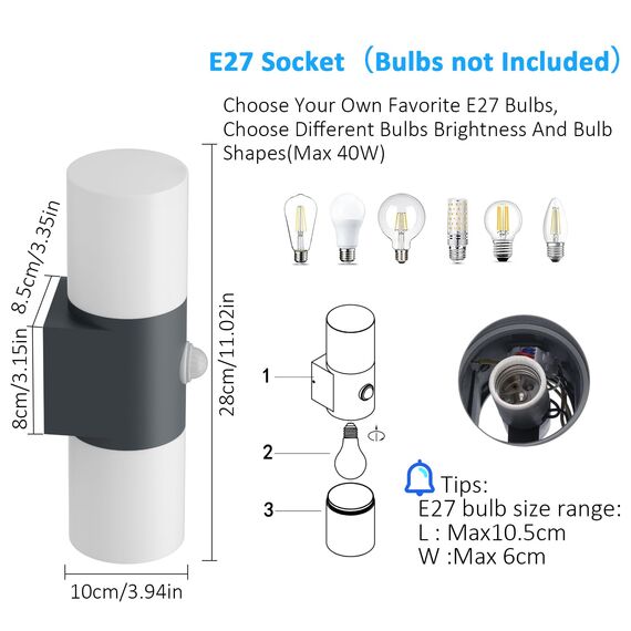 Klighten Wandleuchten E27 Außen/Innen 2 flammig, Up and Down Außenlampe, Anthrazit Außenleuchte mit Bewegungsmelder, IP54 Aussenlampe, Aluminium Wandlampe für Eingang Terrass, ohne Leuchtmittel