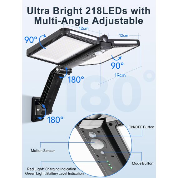 COLBOR Solarlampe für Außen, LED Solar Licht mit Bewegungsmelder 5 Modi IP65 Wasserdicht 218 LEDs Regolabile für Garage Garten Hof Terrasse (1 Pcs), Solarlampen-Außen-Solar-LED-Licht