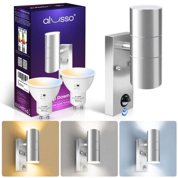 ALUSSO Bewegungssensor Außenwandleuchten, Auf- und Abwärtsleuchte mit PIR-Sensor, Edelstahl IP65 Wasserdicht Silber Außensicherheitsleuchte, 2 x 8W GU10 LED Leuchtmittel enthalten, 3 Farbtemperatur