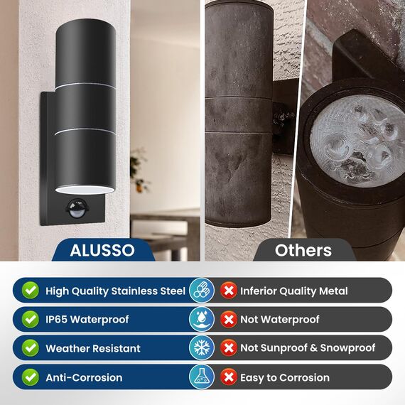 ALUSSO Bewegungssensor Außenwandleuchte, Auf- und Abwärtsleuchte mit PIR-Sensor, Edelstahl IP65 Wasserdichtes schwarzes Außensicherheitslicht, 2 x 8 W GU10 LED-Leuchtmittel enthalten 3 Farbtemperatur