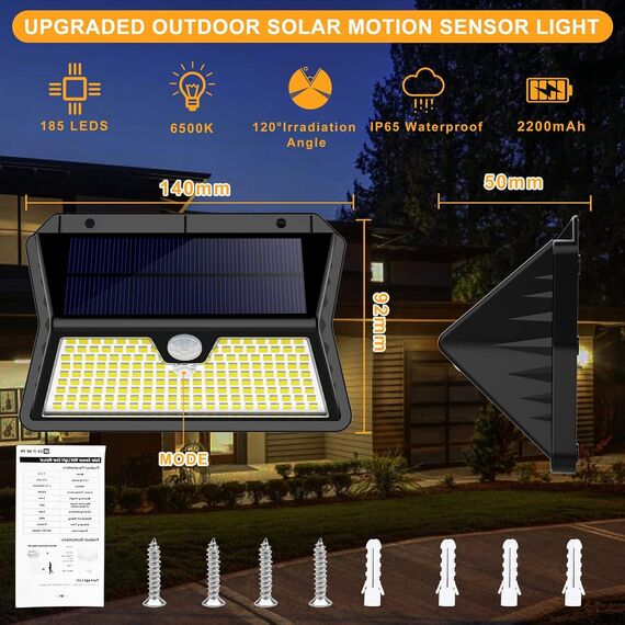 OUILA Solarlampen für Außen, 3 Modi LED Solar mit Bewegungsmelder, 185 LED Solarleuchten Lampe Outdoor IP65 Wasserdichte Wandleuchte für Garten, Hof, Stufen, Deck, Haustüren, Garage(2 Stück)