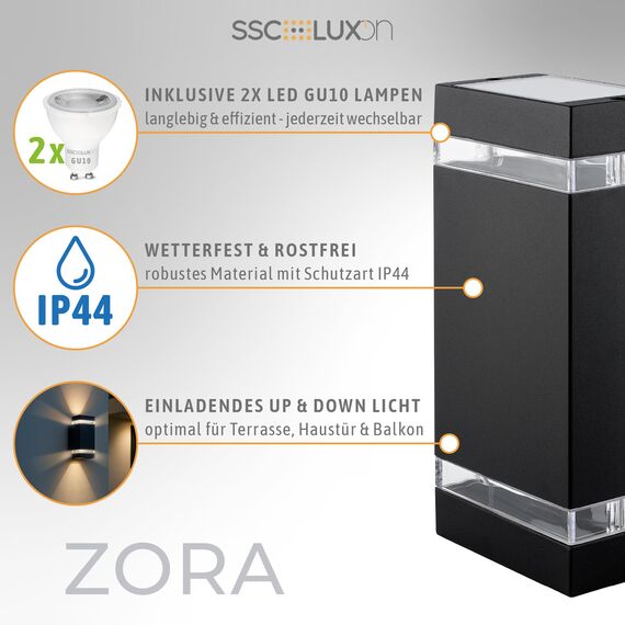 SSC-LUXon ZORA Aussenlampe Wand Up & Down schwarz IP44 – Wandleuchte mit LED GU10 3W Birne warmweiss– Wandlampe für Terasse & Hauseingang
