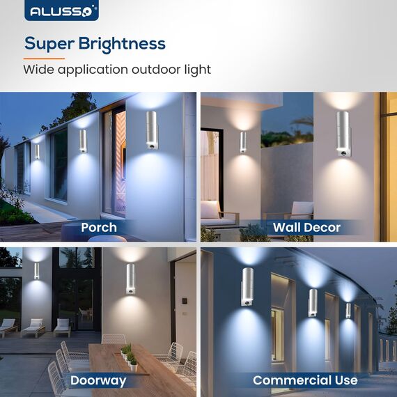 Bewegungssensor Außenwandleuchten, Auf- und Abwärtsleuchte mit PIR-Sensor, Edelstahl IP65 Wasserdicht Silber Außensicherheitsleuchte, 2 x 8W GU10 LED Leuchtmittel enthalten, 3 Farbtemperatur 2 Stück
