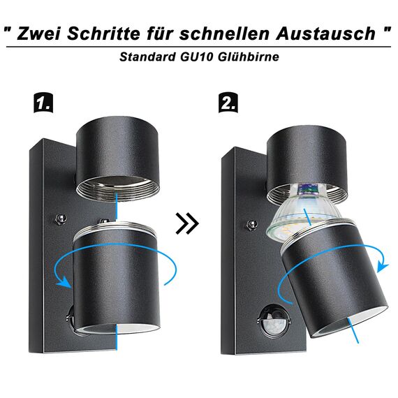 Wondlumi Außenlampe mit Bewegungsmelder GU10 Modern Außenleuchte Schwarz Matt IP44 LED Wandleuchte Aussen 230V inkl.1x 5W GU10 Warmweiß Glühbirne