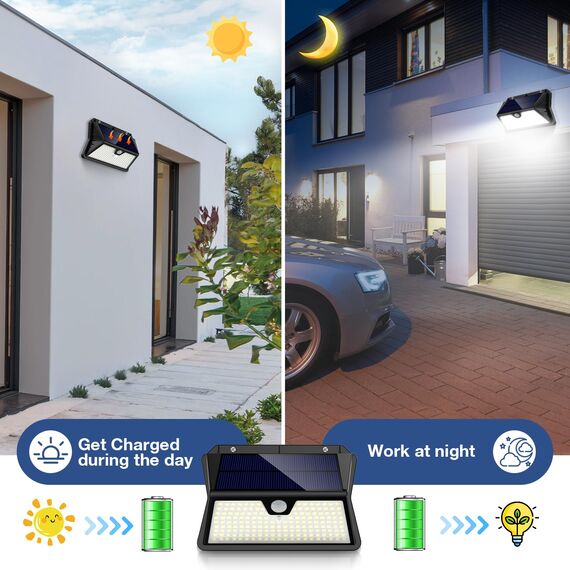 OUILA Solarlampen für Außen Wand, 6 Stück 185 LED 3 Modi Solar Aussenleuchte mit Bewegungsmelder, IP65 Wasserdichte LED Solar Wandleuchte, Garten, Hof, Zaunbeleuchtung, Haustüren(Kaltes Weiß)
