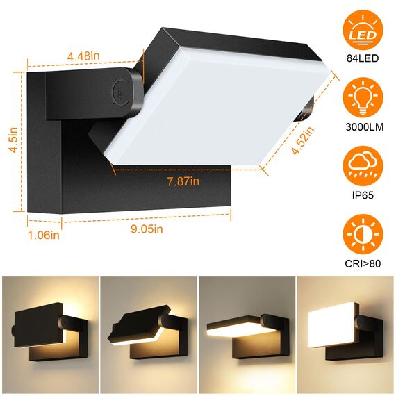 Kingwen 4 Stück LED Wandleuchte Aussen Warmweiß 40W Außenwandleuchte mit 360° Schwenkbar Panel 3000K LED Außenwandleuchte Modern 3000LM LED Strahler Wasserdicht IP65 Wandleuchten Schwarz