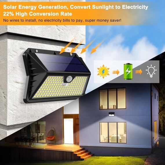 OUILA Solarlampen für Außen, 3 Modi LED Solar mit Bewegungsmelder, 185 LED Solarleuchten Lampe Outdoor IP65 Wasserdichte Wandleuchte für Garten, Hof, Stufen, Deck, Haustüren, Garage(2 Stück)