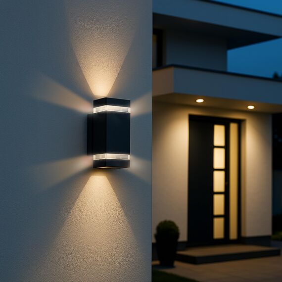 SSC-LUXon ZORA Aussenlampe Wand Up & Down schwarz IP44 – Wandleuchte mit LED GU10 3W Birne warmweiss– Wandlampe für Terasse & Hauseingang