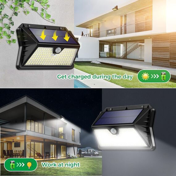 OUILA Solarlampen für Außen mit Bewegungsmelder, 【4 Stück】 185 LED 3 Modi Solarleuchten für Außen IP65 Wasserdichte, LED Außenwandleuchten für Wandleuchte, Garten, Hof, Garage, Haustüren (Kaltes Weiß)