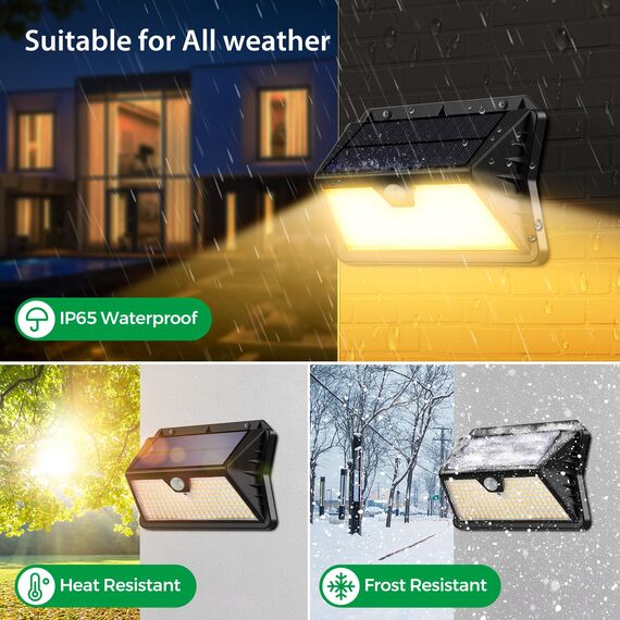 OUILA Solarlampen für Außen, 3 Modi LED Solar mit Bewegungsmelder, 185 LED Solarleuchten Lampe Outdoor IP65 Wasserdichte Wandleuchte für Garten, Hof, Stufen, Deck, Haustüren, Garage(2 Stück Warmweiß