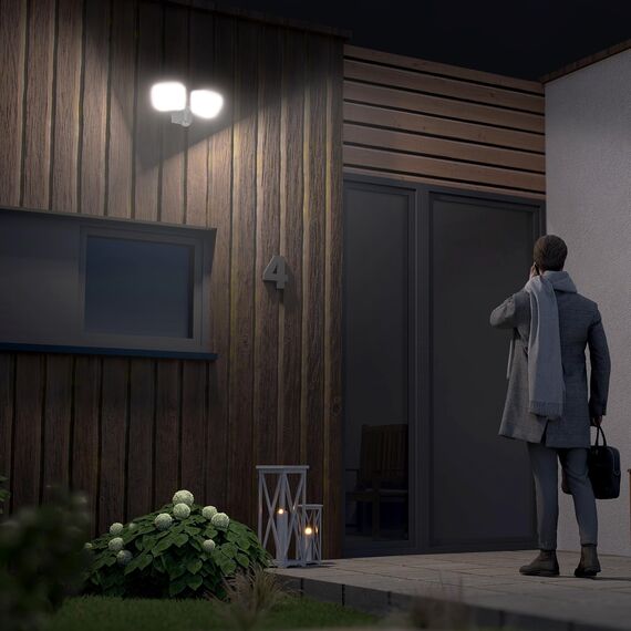 SSC-LUXon NORSU Außenleuchte mit Bewegungsmelder Doppel Strahler - Aussenlampe inkl. Eck-Adapter & Dämmerungssensor IP65 neutralweiß