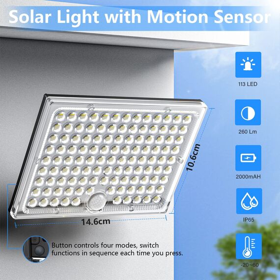 Realky Solarlampen für Außen,Solarleuchte mit Bewegungsmelder,113 LED Solar Strahler IP65 Wasserdichte Solar-Split Wandleuchte mit 5m Kabel für Garage, Garten, Hof, Stufen, Haustüren, Rasen - 2 Stück