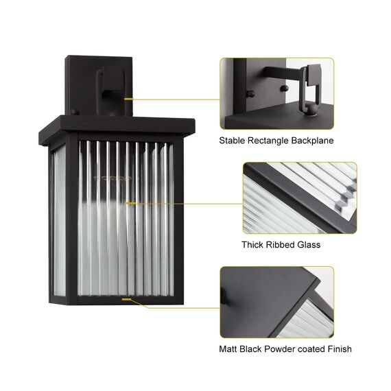 DAWALIGHT Wandleuchte Aussen Geriffeltes Glas Außenwandlaterne Rechteckige Wandlampe Wandaussenleuchte E27 wandlaterne Außen für Wohnzimmer Garten Hauswand Terrasse Draußen, Schwarz, Anti Rost Metall