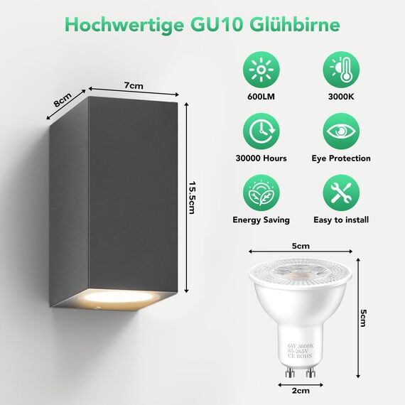 Wandleuchte Aussen Innen 2 Stück, IP65 Wasserdichte 10W Warmweiß 3000K Aluminium Eckig Außen Wandlampe Außenlampe mit GU10 Glühbirnen Außenleuchte für Garten Front Badezimmer Veranda Garage Anthrazit