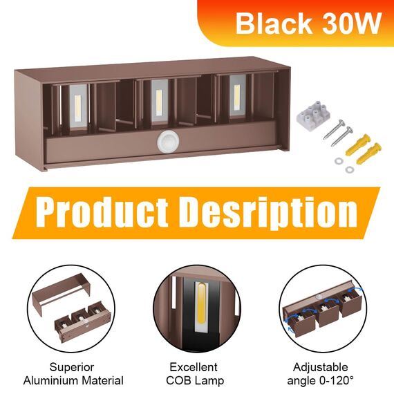 Klighten 30W Außenwandleuchte Außenlampe mit Bewegungsmelder,Aussenlampe mit bewegungsmelder Einstellbarer Lichtstrahl,LED Wandleuchte Up Down Außen/Innen für Garten,IP65,3000K warmweiß,Rostrot