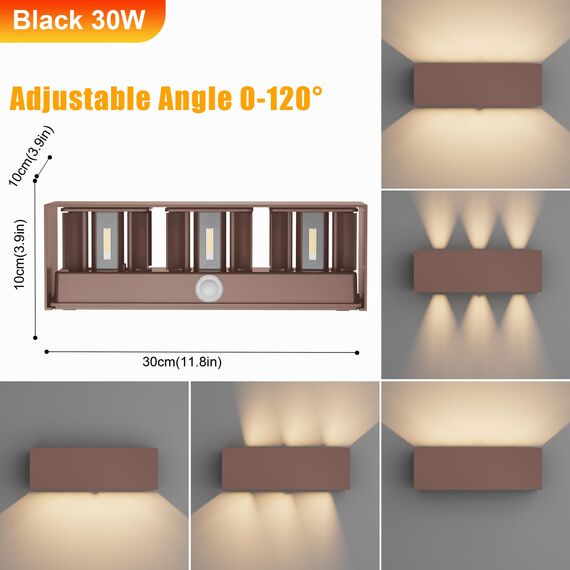 Klighten 30W Außenwandleuchte Außenlampe mit Bewegungsmelder,Aussenlampe mit bewegungsmelder Einstellbarer Lichtstrahl,LED Wandleuchte Up Down Außen/Innen für Garten,IP65,3000K warmweiß,Rostrot