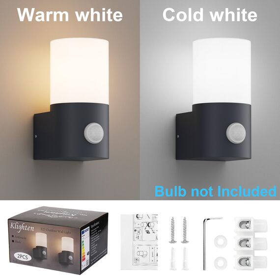 Klighten 2 Stück Wandleuchten Außen Innen, E27 Außenwandleuchte, Außenlampe mit Bewegungsmelder, IP65 Außenleuchte, Aussenleuchte für Eingang Terrass, PC Aluminium, ohne Leuchtmittel, Anthrazit
