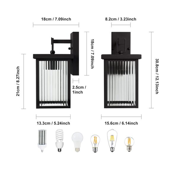 DAWALIGHT Wandleuchte Aussen Geriffeltes Glas Außenwandlaterne Rechteckige Wandlampe Wandaussenleuchte E27 wandlaterne Außen für Wohnzimmer Garten Hauswand Terrasse Draußen, Schwarz, Anti Rost Metall