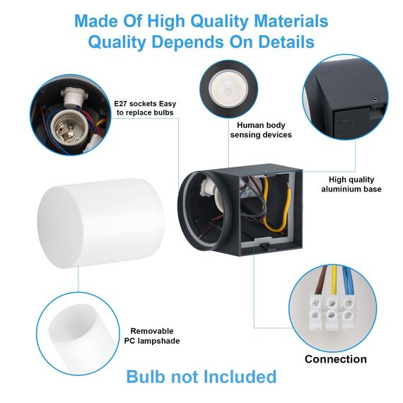Klighten 2 Stück Wandleuchten Außen Innen, E27 Außenwandleuchte, Außenlampe mit Bewegungsmelder, IP65 Außenleuchte, Aussenleuchte für Eingang Terrass, PC Aluminium, ohne Leuchtmittel, Anthrazit