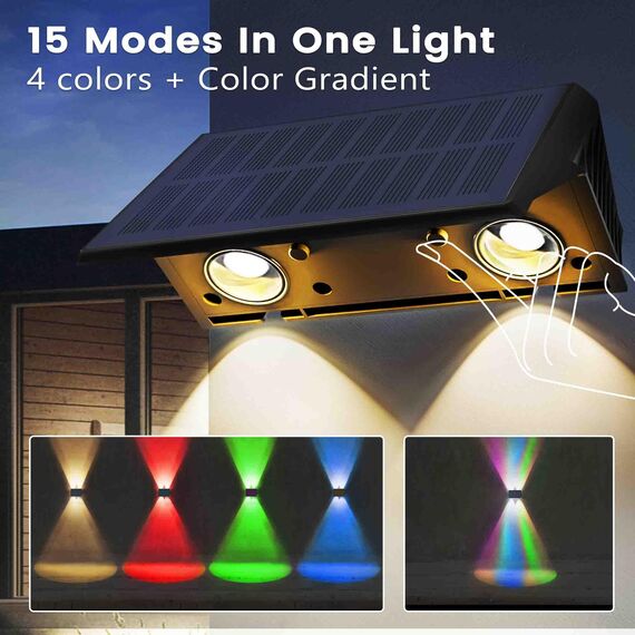 IIRARA Solar Wandleuchte Aussen, Solarlampen für Außen Nach Oben und Unten Beleuchtet, 4 LEDs, Wasserdichte Außenwandleuchten für Garten Balkon Terrasse Treppen Wandleuchten Warm RGB 6er
