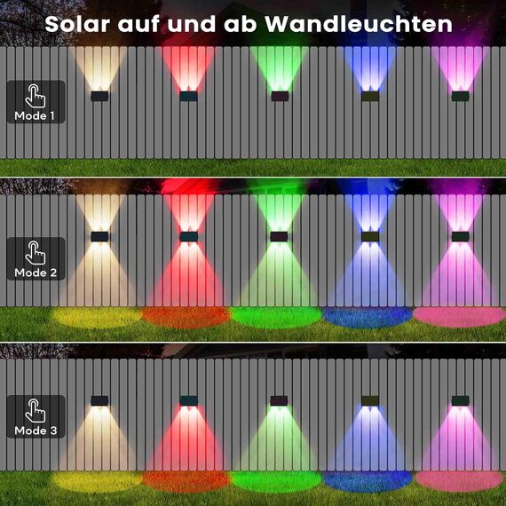 IIRARA Solar Wandleuchte Aussen, Solarlampen für Außen Nach Oben und Unten Beleuchtet, 4 LEDs, Wasserdichte Außenwandleuchten für Garten Balkon Terrasse Treppen Wandleuchten Warm RGB 8er