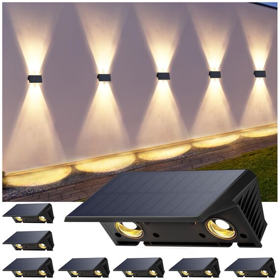 IIRARA wandleuchte solar außen solar wandleuchte aussen solarlampen Nach Oben und Unten Beleuchtet 4 LEDs IP67 Wasserdichte Solarleuchte für Garten Balkon Terrasse Treppen Warmweiß 8er