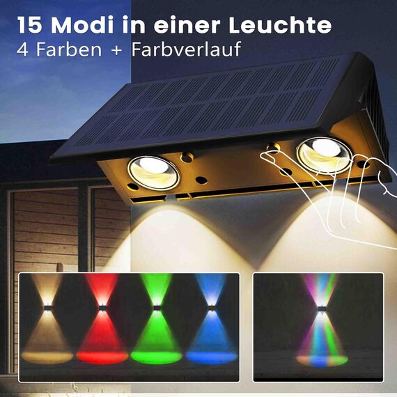IIRARA Solar Wandleuchte Aussen, Solarlampen für Außen Nach Oben und Unten Beleuchtet, 4 LEDs, Wasserdichte Außenwandleuchten für Garten Balkon Terrasse Treppen Wandleuchten Warm RGB 8er
