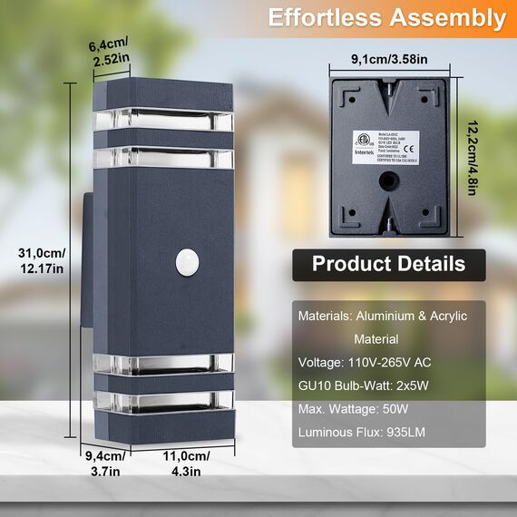 CELAVY Aussenlampe Außenlampe mit Bewegungsmelder - LED GU10 Außenleuchte Aussenleuchte, IP65 Up Down Wandleuchte Wandlampe aussen, Außenbeleuchtung Außenwandleuchte Ausenbeleutung Hauswand, Grau