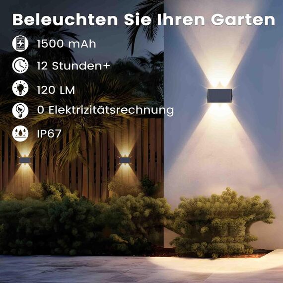 IIRARA wandleuchte solar außen solar wandleuchte aussen solarlampen Nach Oben und Unten Beleuchtet 4 LEDs IP67 Wasserdichte Solarleuchte für Garten Balkon Terrasse Treppen Warmweiß 8er