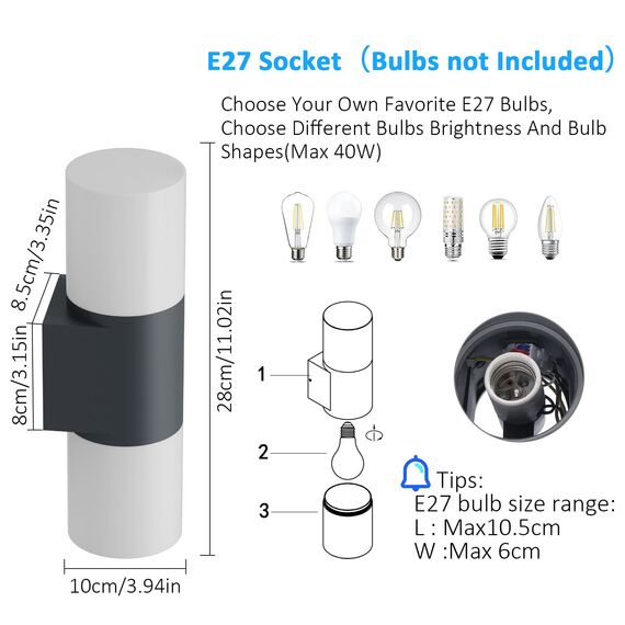 Klighten 2 Stück Außenwandleuchten E27 Up and Down, Wandleuchten Außen/Innen 2 flammig, Wandlampe Anthrazit, IP65 Aussenlampe, Außenleuchte Aluminium, für Eingang Terrass, ohne Leuchtmittel