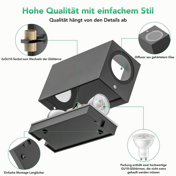 Wandleuchte Aussen Innen 2 Stück, IP65 Wasserdichte 10W Warmweiß 3000K Aluminium Eckig Außen Wandlampe Außenlampe mit GU10 Glühbirnen Außenleuchte für Garten Front Badezimmer Veranda Garage Anthrazit