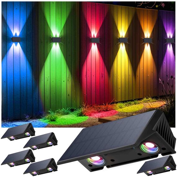 IIRARA Solar Wandleuchte Aussen, Solarlampen für Außen Nach Oben und Unten Beleuchtet, 4 LEDs, Wasserdichte Außenwandleuchten für Garten Balkon Terrasse Treppen Wandleuchten Warm RGB 6er